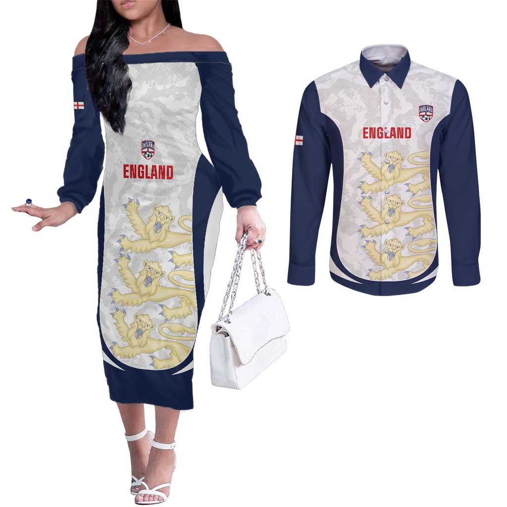Custom England 2026 Football Couples Matching Off The Shoulder Long Sleeve Dress and Long Sleeve Button Shirt Go Three Lions Grunge Style - Wonder Print Shop