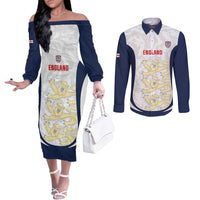 Custom England 2026 Football Couples Matching Off The Shoulder Long Sleeve Dress and Long Sleeve Button Shirt Go Three Lions Grunge Style - Wonder Print Shop