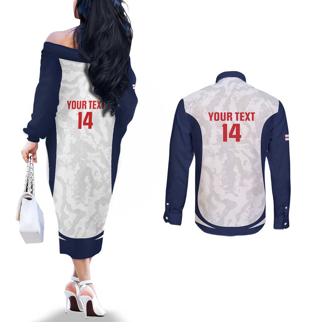 Custom England 2026 Football Couples Matching Off The Shoulder Long Sleeve Dress and Long Sleeve Button Shirt Go Three Lions Grunge Style - Wonder Print Shop