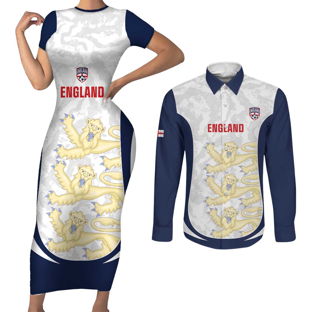 Custom England 2026 Football Couples Matching Short Sleeve Bodycon Dress and Long Sleeve Button Shirt Go Three Lions Grunge Style - Wonder Print Shop