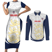 Custom England 2026 Football Couples Matching Short Sleeve Bodycon Dress and Long Sleeve Button Shirt Go Three Lions Grunge Style - Wonder Print Shop