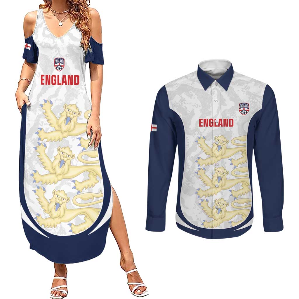 Custom England 2026 Football Couples Matching Summer Maxi Dress and Long Sleeve Button Shirt Go Three Lions Grunge Style - Wonder Print Shop