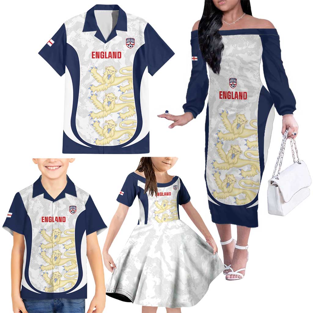 Custom England 2026 Football Family Matching Off The Shoulder Long Sleeve Dress and Hawaiian Shirt Go Three Lions Grunge Style - Wonder Print Shop
