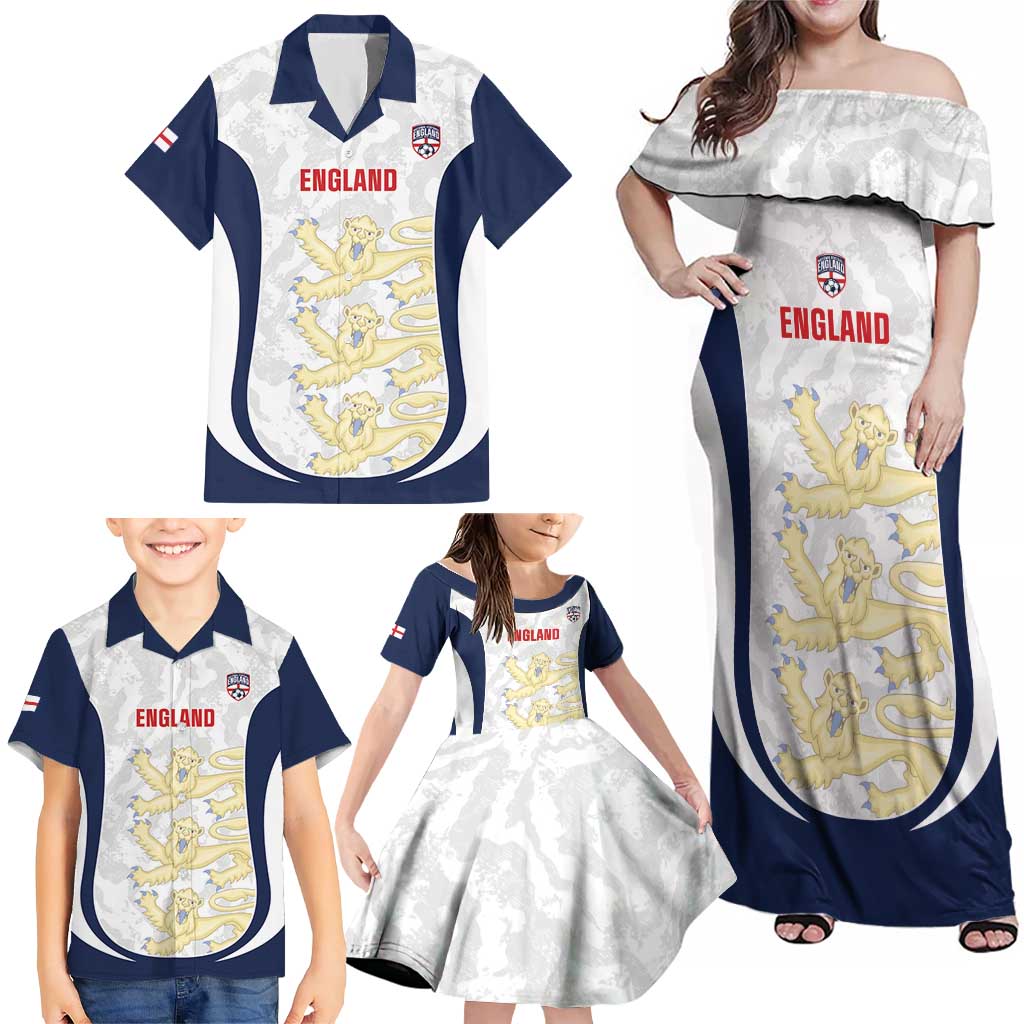Custom England 2026 Football Family Matching Off Shoulder Maxi Dress and Hawaiian Shirt Go Three Lions Grunge Style - Wonder Print Shop