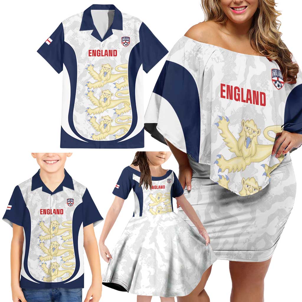 Custom England 2026 Football Family Matching Off Shoulder Short Dress and Hawaiian Shirt Go Three Lions Grunge Style - Wonder Print Shop