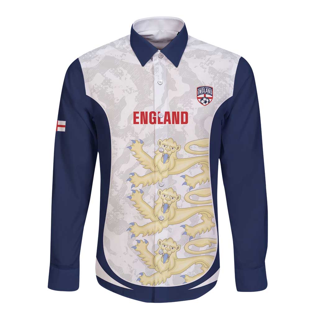 Custom England 2026 Football Long Sleeve Button Shirt Go Three Lions Grunge Style - Wonder Print Shop