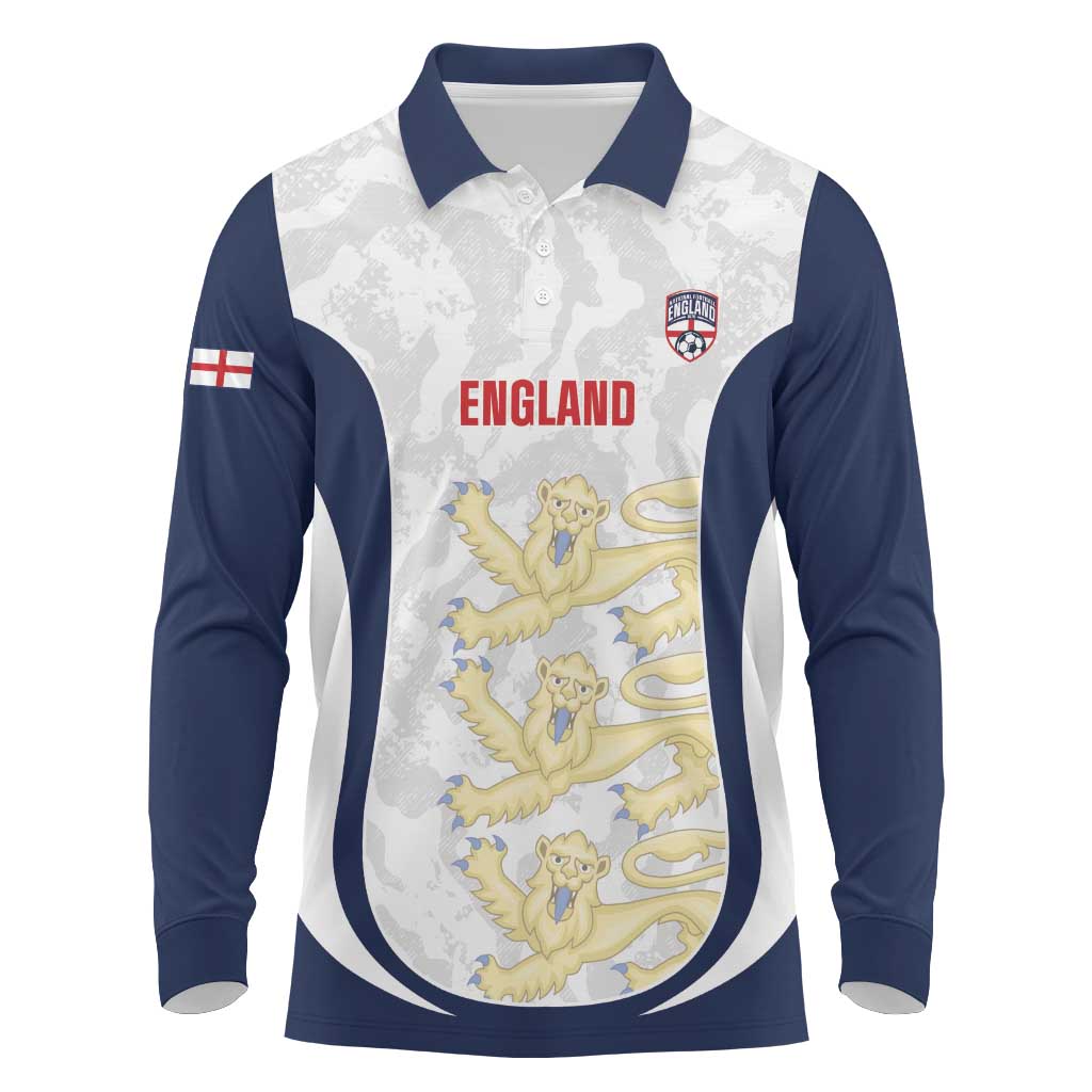 Custom England 2026 Football Long Sleeve Polo Shirt Go Three Lions Grunge Style - Wonder Print Shop