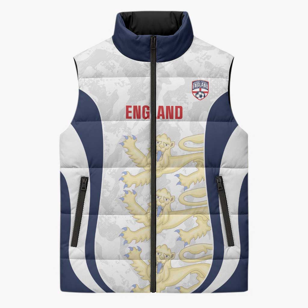 Custom England 2026 Football Sleeveless Puffer Jacket Go Three Lions Grunge Style - Wonder Print Shop