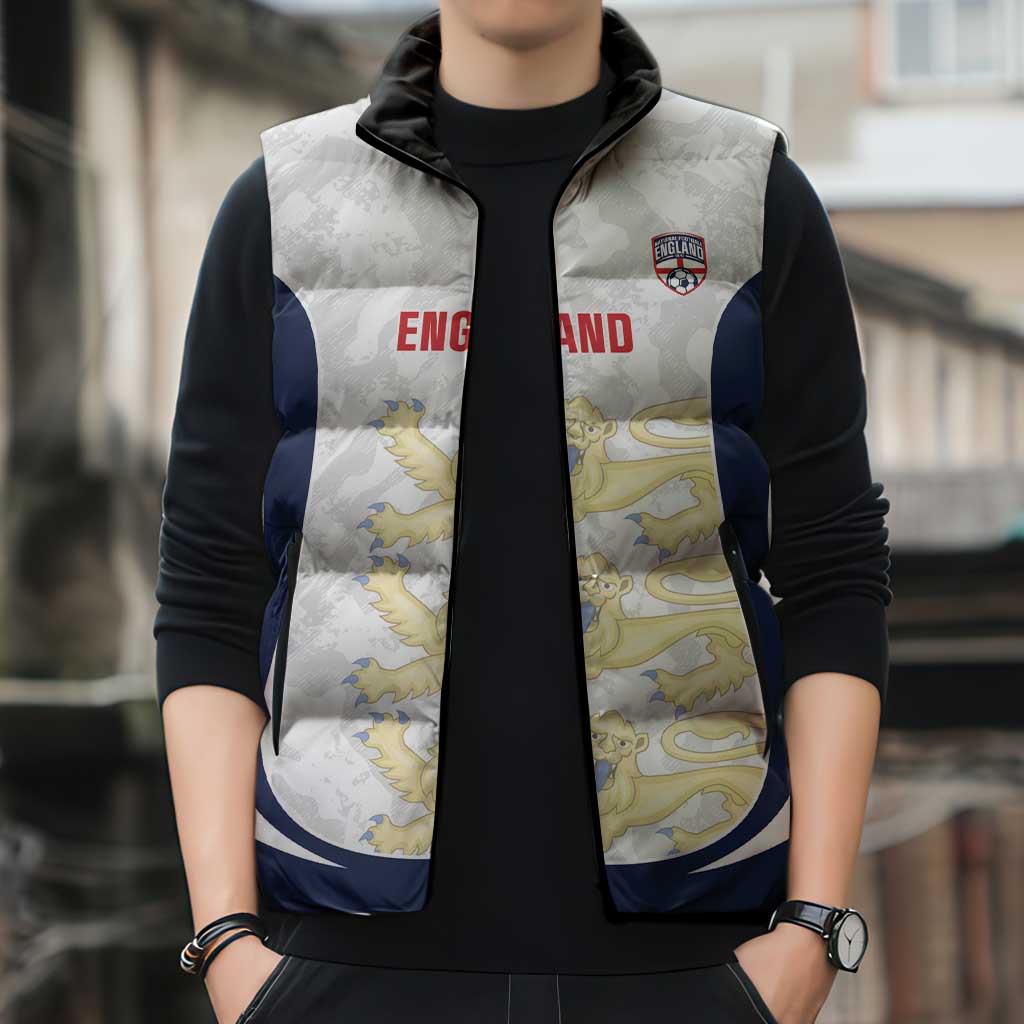 Custom England 2026 Football Sleeveless Puffer Jacket Go Three Lions Grunge Style - Wonder Print Shop