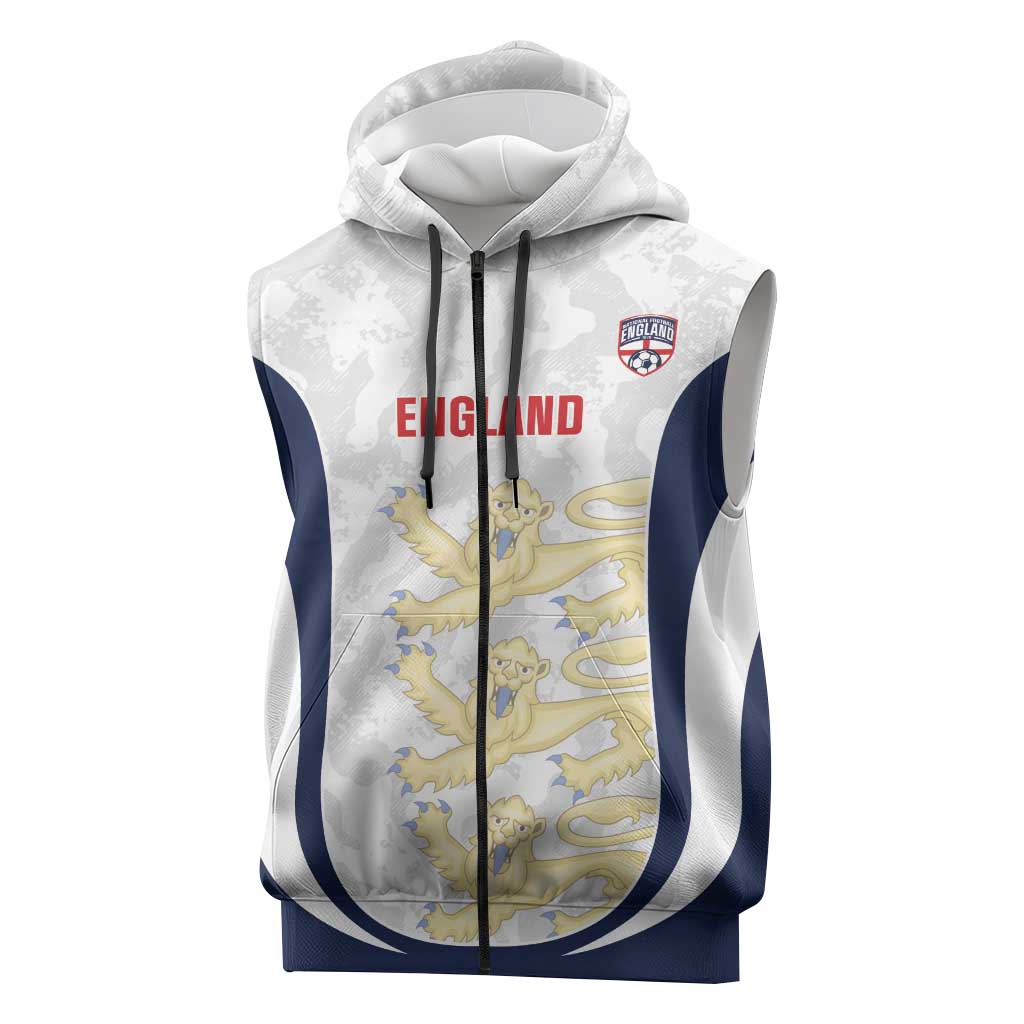 Custom England 2026 Football Sleeveless Zip Hoodie Go Three Lions Grunge Style - Wonder Print Shop
