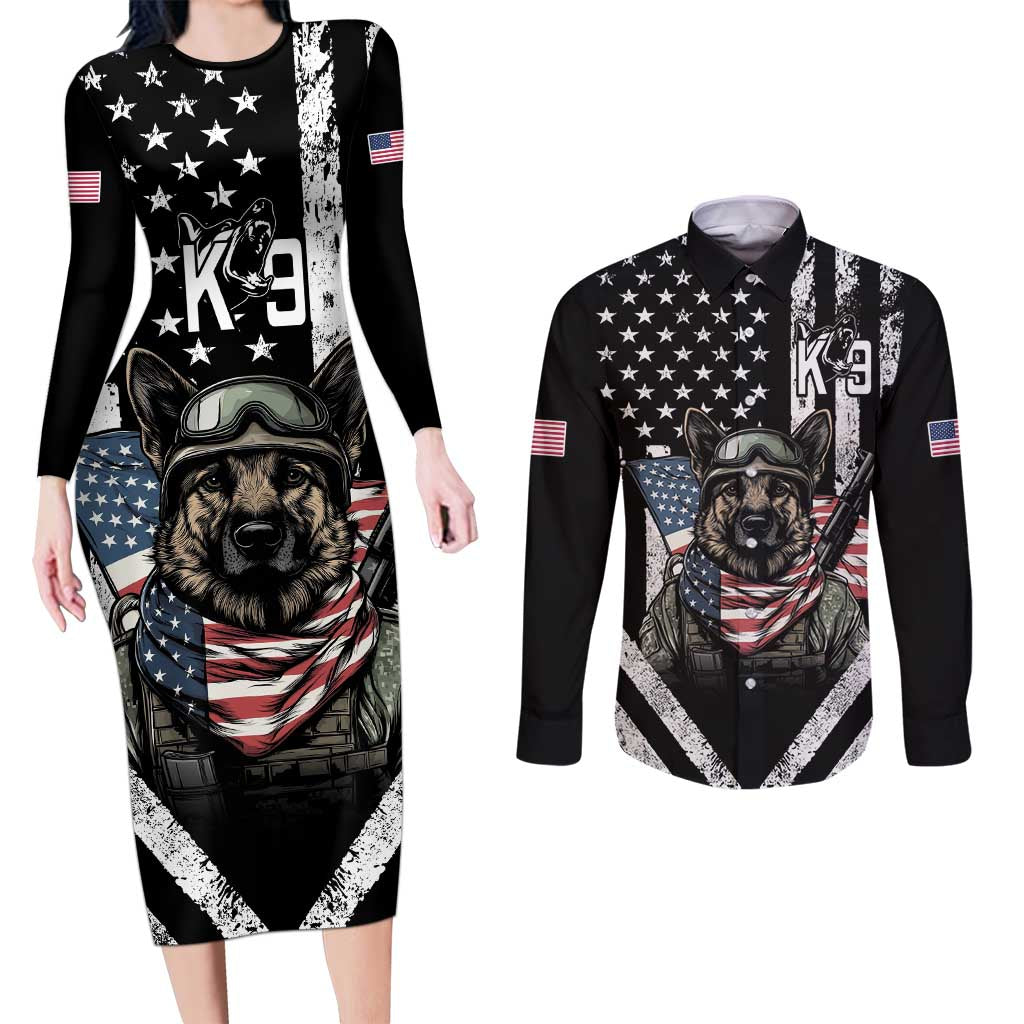 USA National K9 Veterans Day Couples Matching Long Sleeve Bodycon Dress and Long Sleeve Button Shirt Honoring Our Furring Heroes