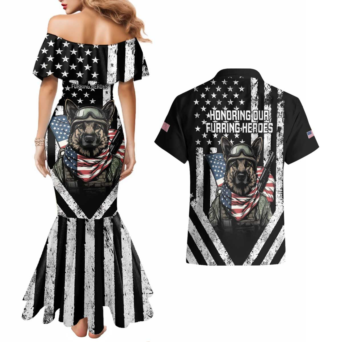 USA National K9 Veterans Day Couples Matching Mermaid Dress and Hawaiian Shirt Honoring Our Furring Heroes