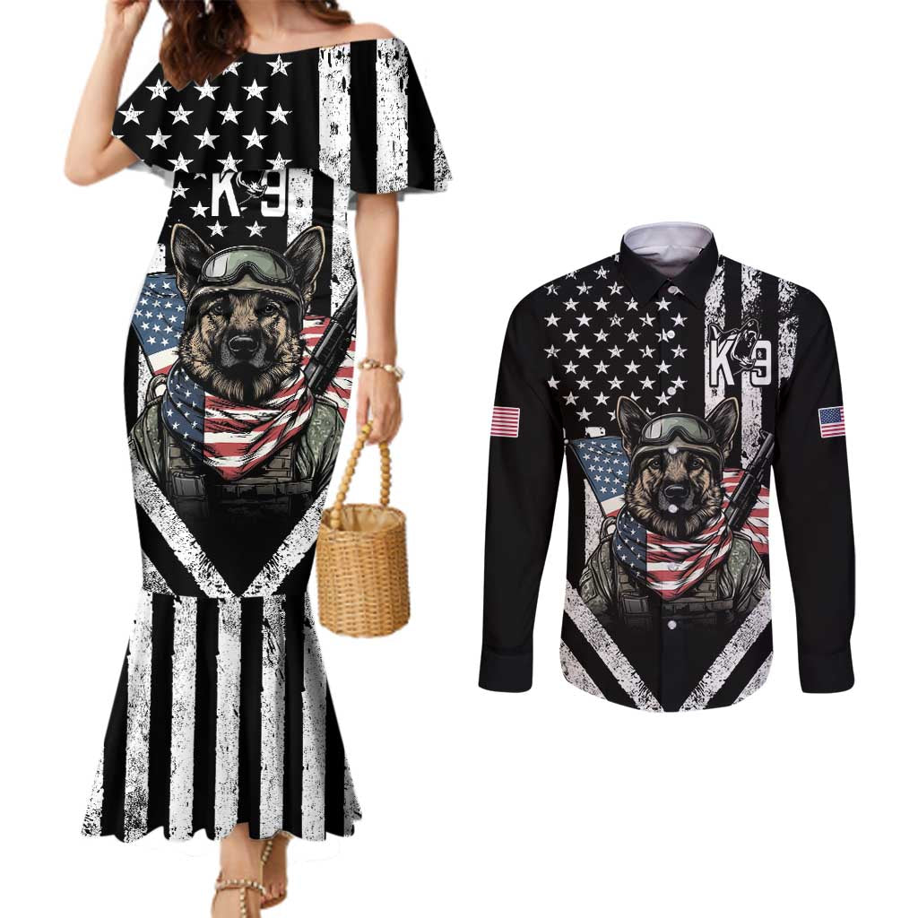 USA National K9 Veterans Day Couples Matching Mermaid Dress and Long Sleeve Button Shirt Honoring Our Furring Heroes