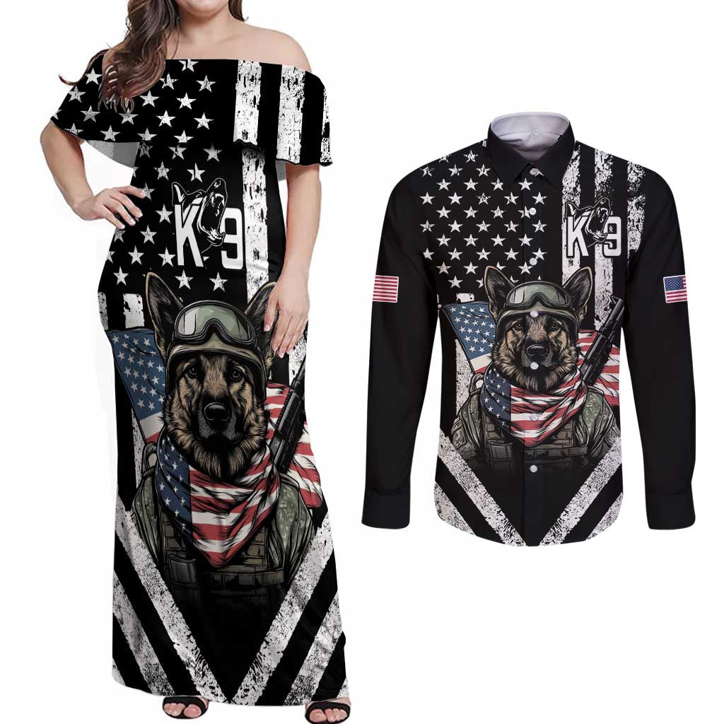USA National K9 Veterans Day Couples Matching Off Shoulder Maxi Dress and Long Sleeve Button Shirt Honoring Our Furring Heroes