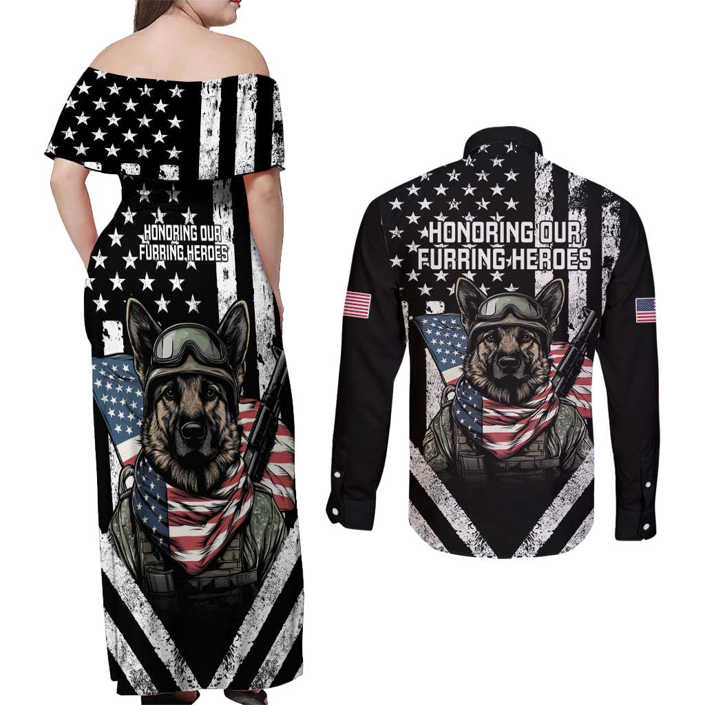 USA National K9 Veterans Day Couples Matching Off Shoulder Maxi Dress and Long Sleeve Button Shirt Honoring Our Furring Heroes
