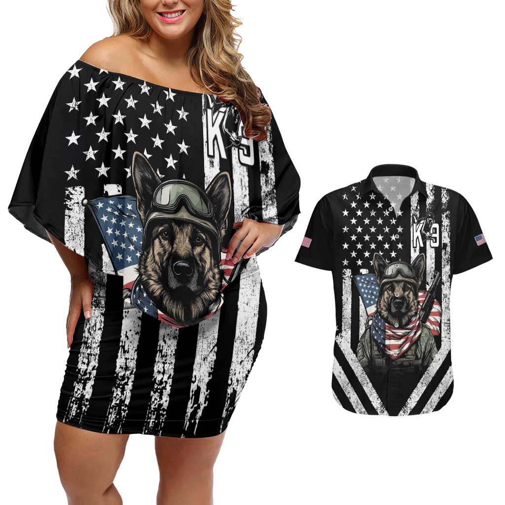 USA National K9 Veterans Day Couples Matching Off Shoulder Short Dress and Hawaiian Shirt Honoring Our Furring Heroes