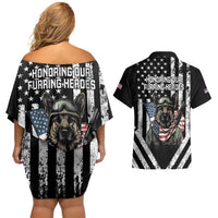 USA National K9 Veterans Day Couples Matching Off Shoulder Short Dress and Hawaiian Shirt Honoring Our Furring Heroes