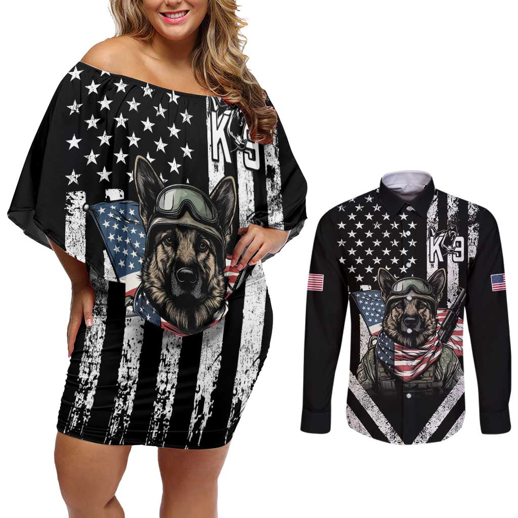 USA National K9 Veterans Day Couples Matching Off Shoulder Short Dress and Long Sleeve Button Shirt Honoring Our Furring Heroes