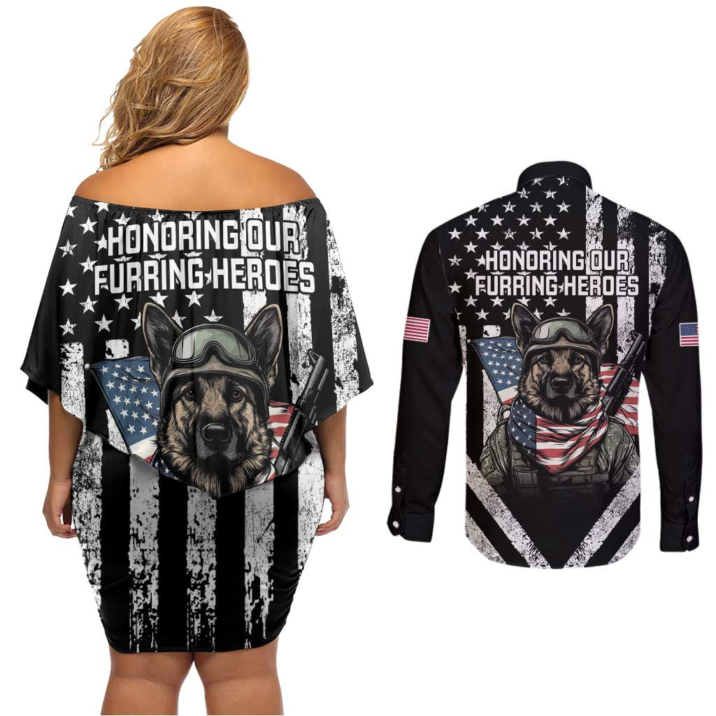 USA National K9 Veterans Day Couples Matching Off Shoulder Short Dress and Long Sleeve Button Shirt Honoring Our Furring Heroes