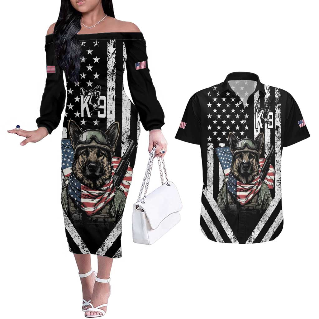 USA National K9 Veterans Day Couples Matching Off The Shoulder Long Sleeve Dress and Hawaiian Shirt Honoring Our Furring Heroes