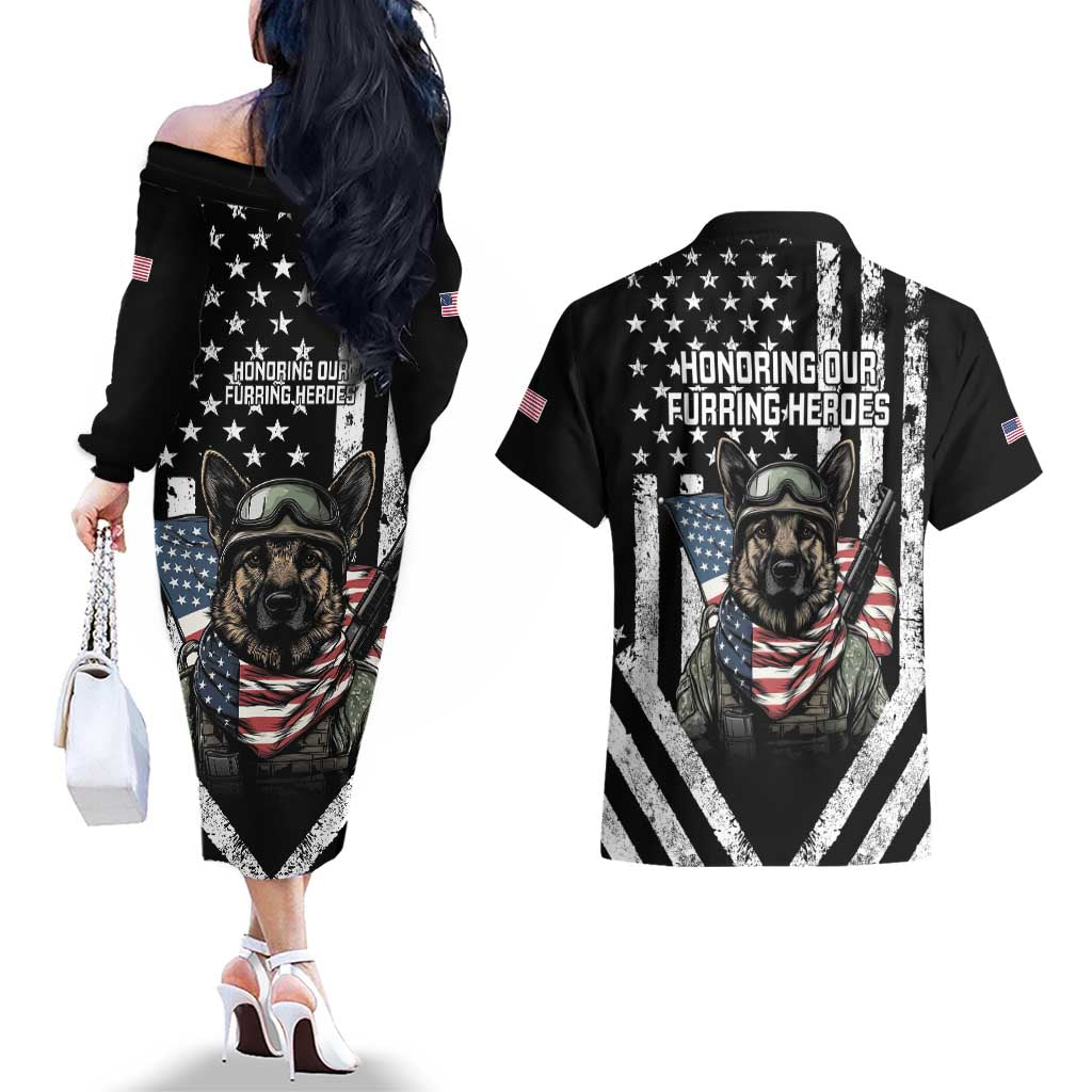 USA National K9 Veterans Day Couples Matching Off The Shoulder Long Sleeve Dress and Hawaiian Shirt Honoring Our Furring Heroes