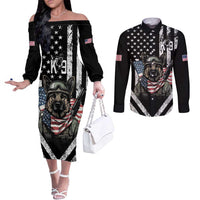 USA National K9 Veterans Day Couples Matching Off The Shoulder Long Sleeve Dress and Long Sleeve Button Shirt Honoring Our Furring Heroes