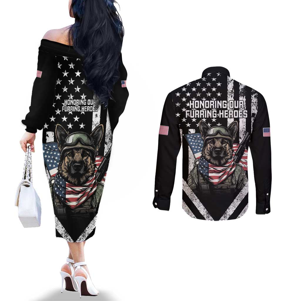 USA National K9 Veterans Day Couples Matching Off The Shoulder Long Sleeve Dress and Long Sleeve Button Shirt Honoring Our Furring Heroes
