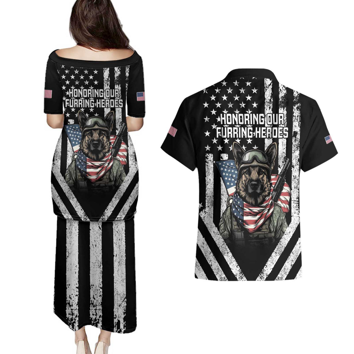 USA National K9 Veterans Day Couples Matching Puletasi and Hawaiian Shirt Honoring Our Furring Heroes