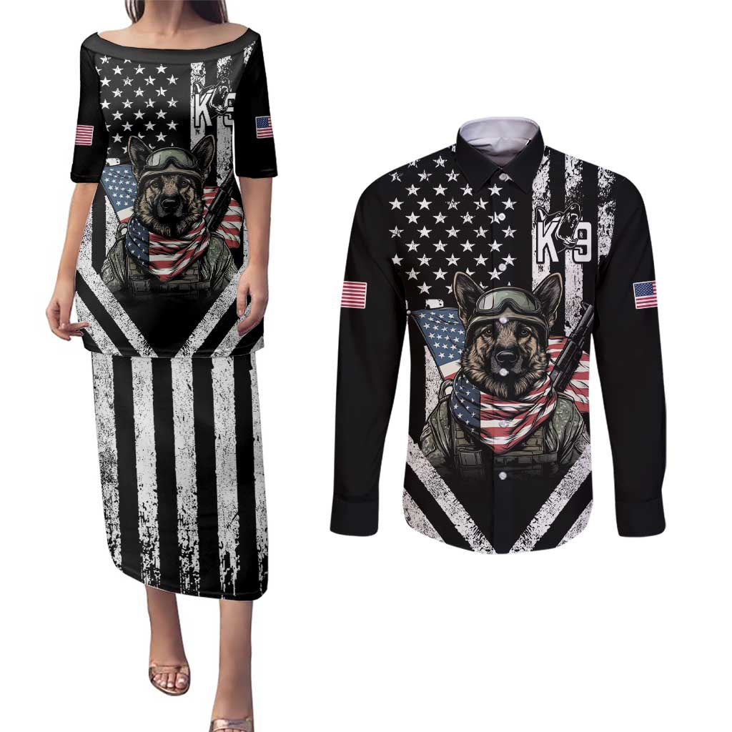 USA National K9 Veterans Day Couples Matching Puletasi and Long Sleeve Button Shirt Honoring Our Furring Heroes