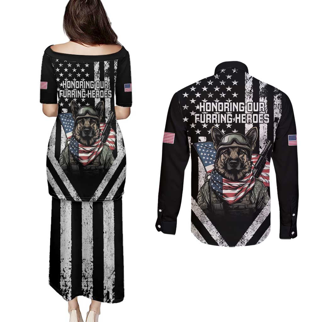 USA National K9 Veterans Day Couples Matching Puletasi and Long Sleeve Button Shirt Honoring Our Furring Heroes