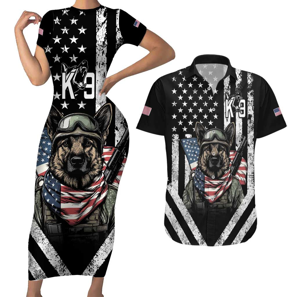 USA National K9 Veterans Day Couples Matching Short Sleeve Bodycon Dress and Hawaiian Shirt Honoring Our Furring Heroes