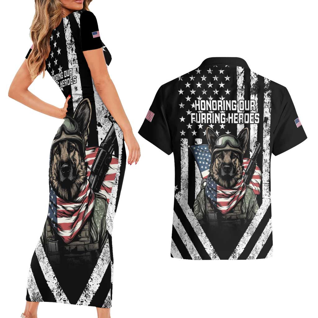 USA National K9 Veterans Day Couples Matching Short Sleeve Bodycon Dress and Hawaiian Shirt Honoring Our Furring Heroes