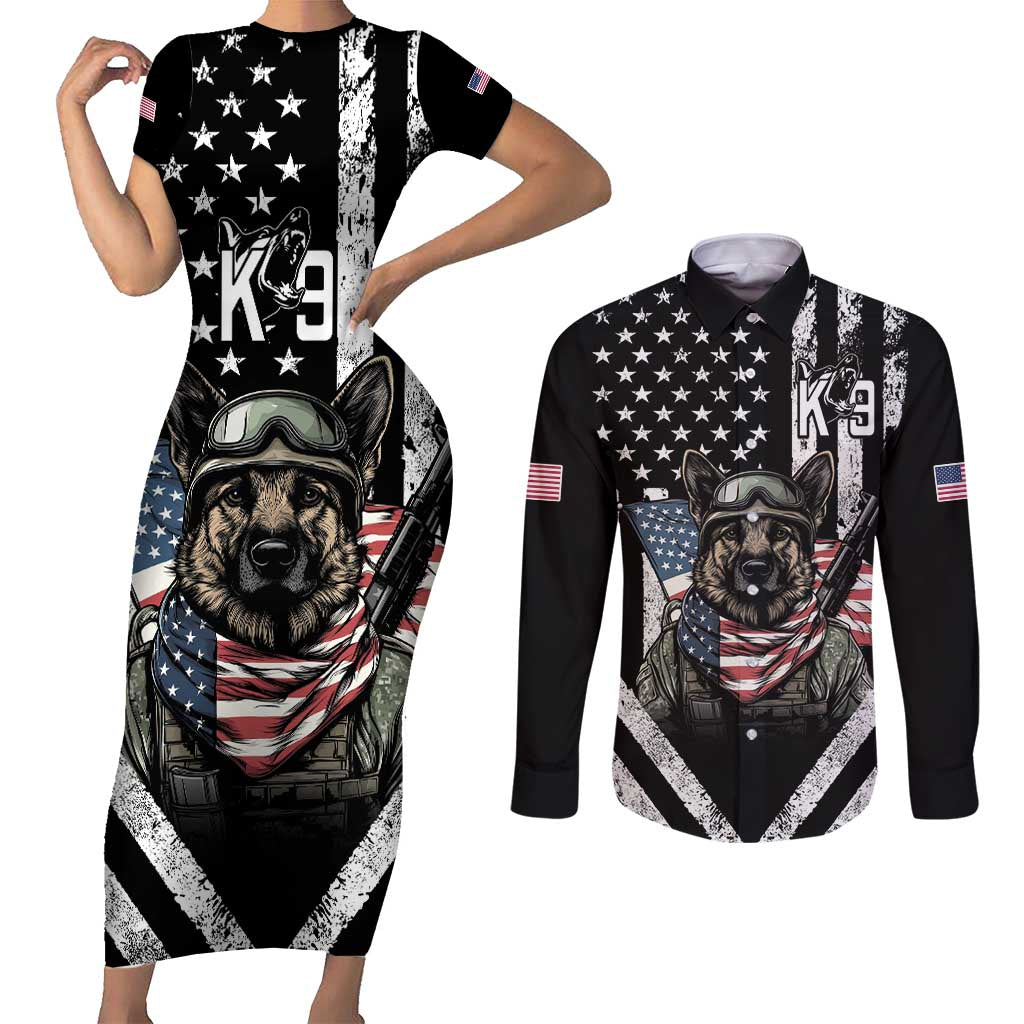 USA National K9 Veterans Day Couples Matching Short Sleeve Bodycon Dress and Long Sleeve Button Shirt Honoring Our Furring Heroes