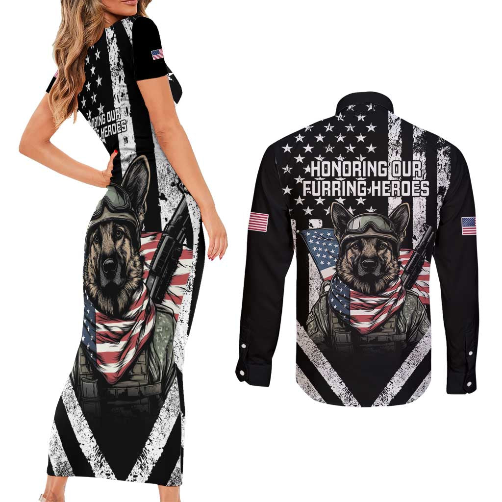 USA National K9 Veterans Day Couples Matching Short Sleeve Bodycon Dress and Long Sleeve Button Shirt Honoring Our Furring Heroes