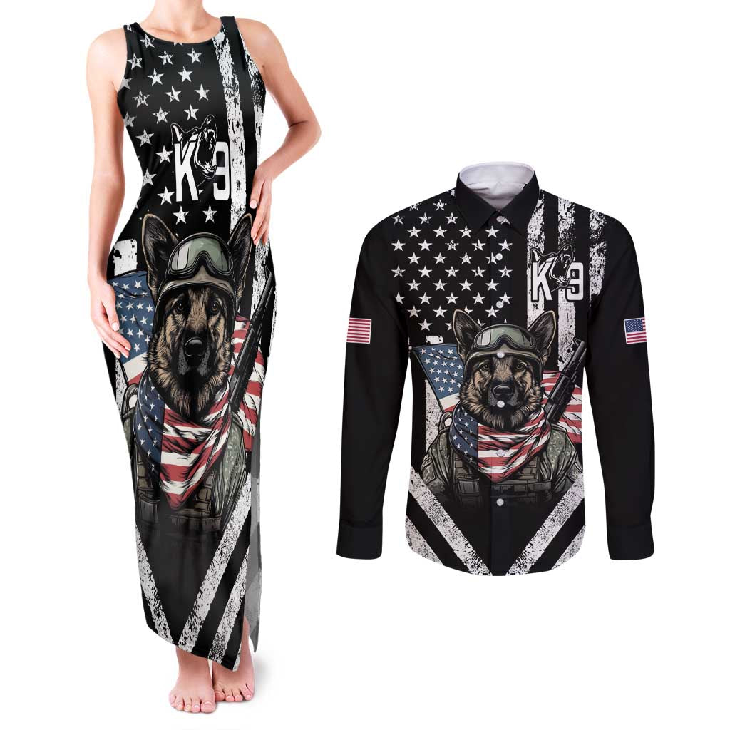 USA National K9 Veterans Day Couples Matching Tank Maxi Dress and Long Sleeve Button Shirt Honoring Our Furring Heroes
