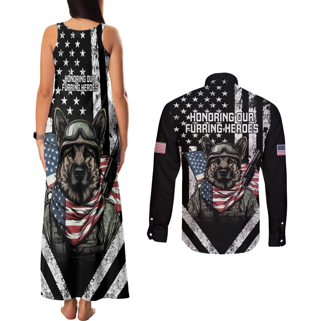 USA National K9 Veterans Day Couples Matching Tank Maxi Dress and Long Sleeve Button Shirt Honoring Our Furring Heroes