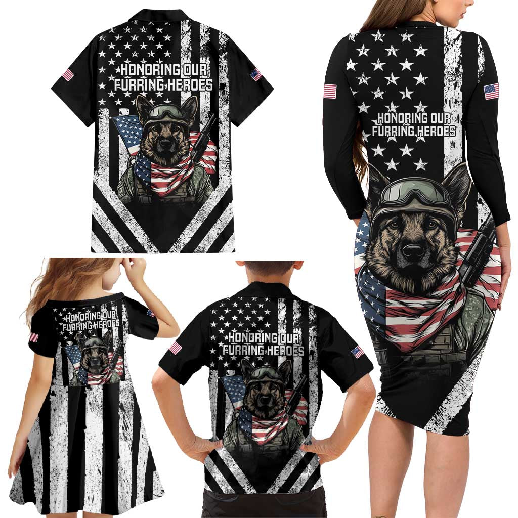 USA National K9 Veterans Day Family Matching Long Sleeve Bodycon Dress and Hawaiian Shirt Honoring Our Furring Heroes