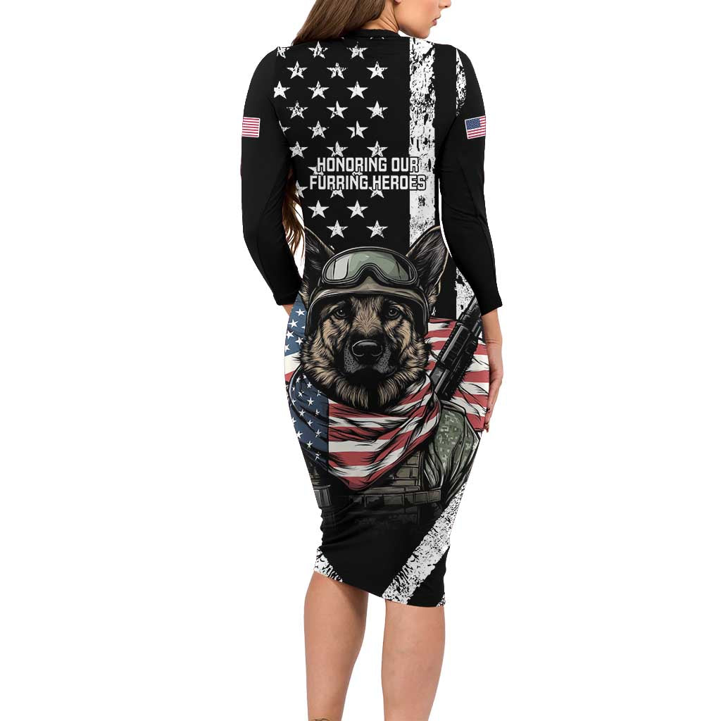 USA National K9 Veterans Day Family Matching Long Sleeve Bodycon Dress and Hawaiian Shirt Honoring Our Furring Heroes