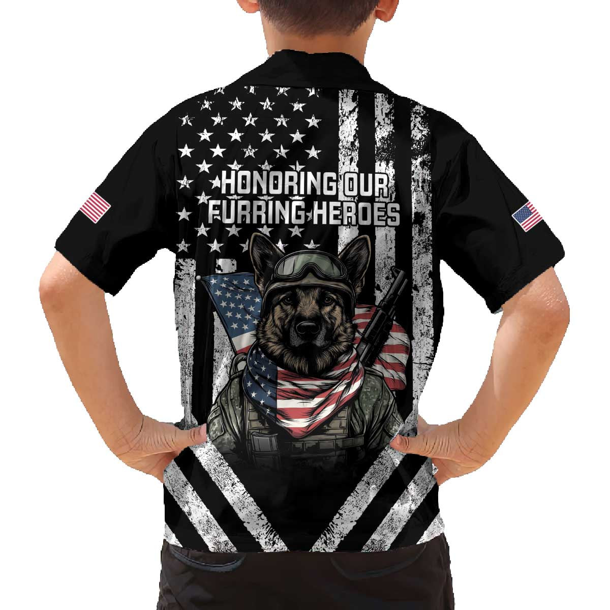 USA National K9 Veterans Day Family Matching Off The Shoulder Long Sleeve Dress and Hawaiian Shirt Honoring Our Furring Heroes