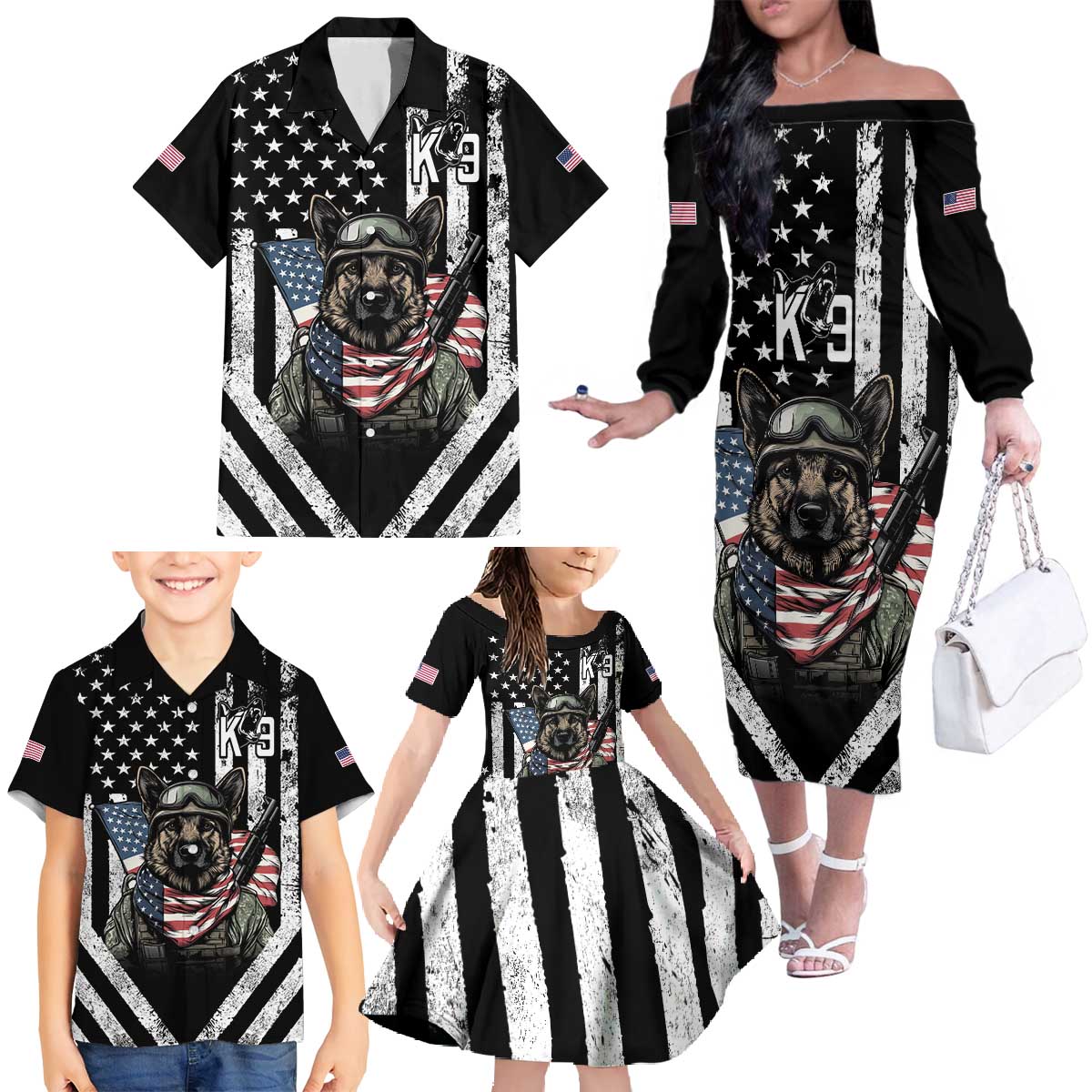 USA National K9 Veterans Day Family Matching Off The Shoulder Long Sleeve Dress and Hawaiian Shirt Honoring Our Furring Heroes