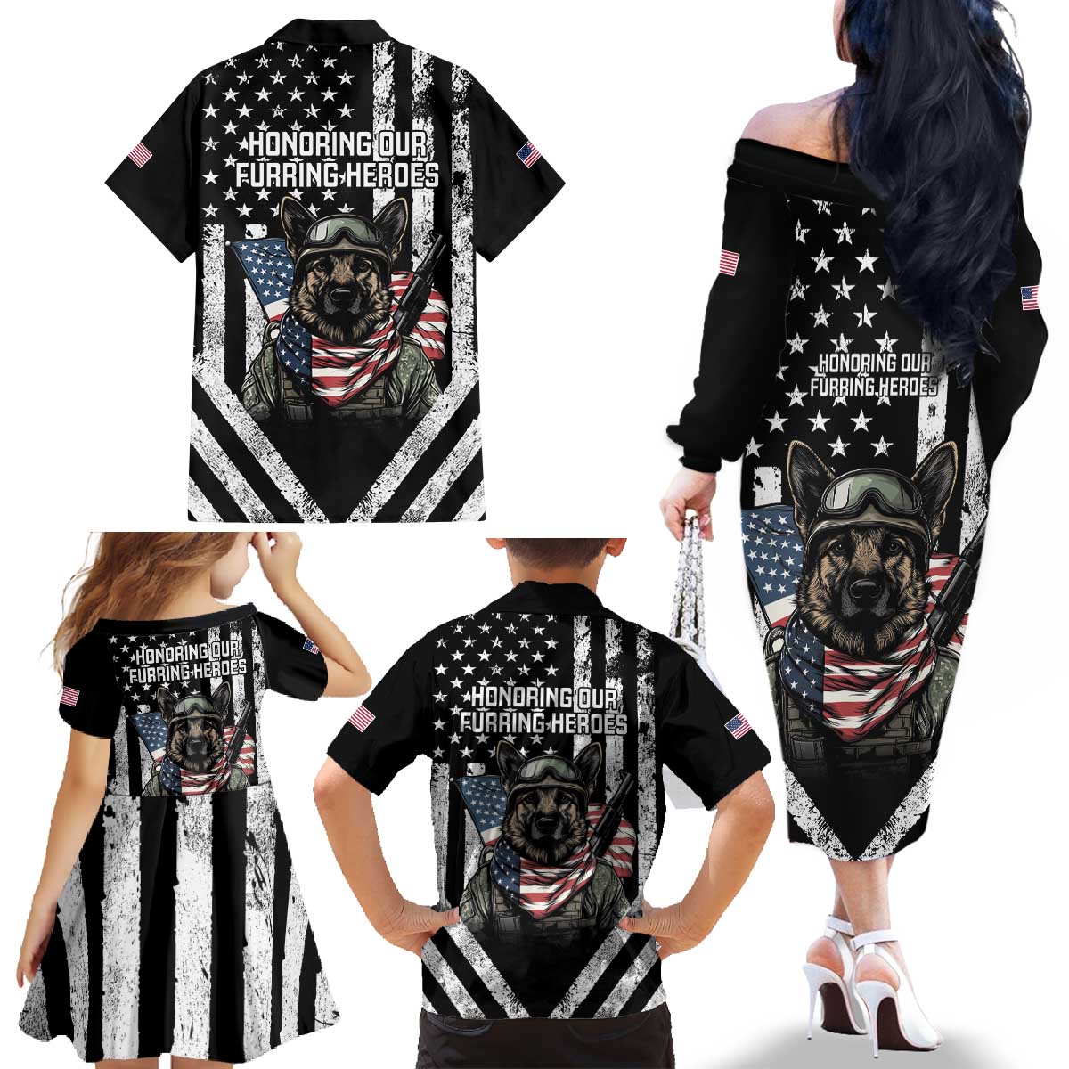 USA National K9 Veterans Day Family Matching Off The Shoulder Long Sleeve Dress and Hawaiian Shirt Honoring Our Furring Heroes