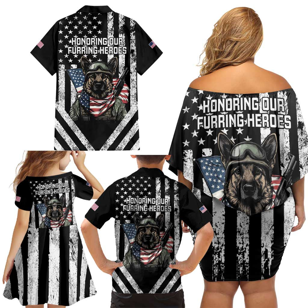 USA National K9 Veterans Day Family Matching Off Shoulder Short Dress and Hawaiian Shirt Honoring Our Furring Heroes