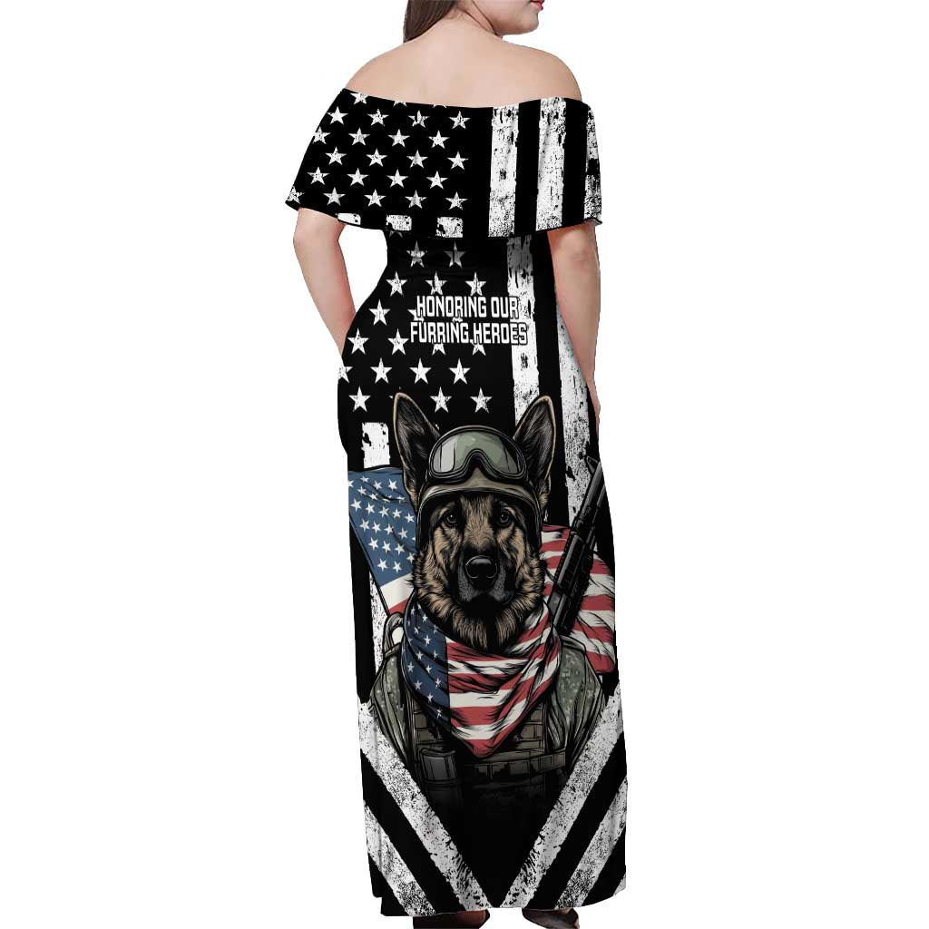 USA National K9 Veterans Day Off Shoulder Maxi Dress Honoring Our Furring Heroes