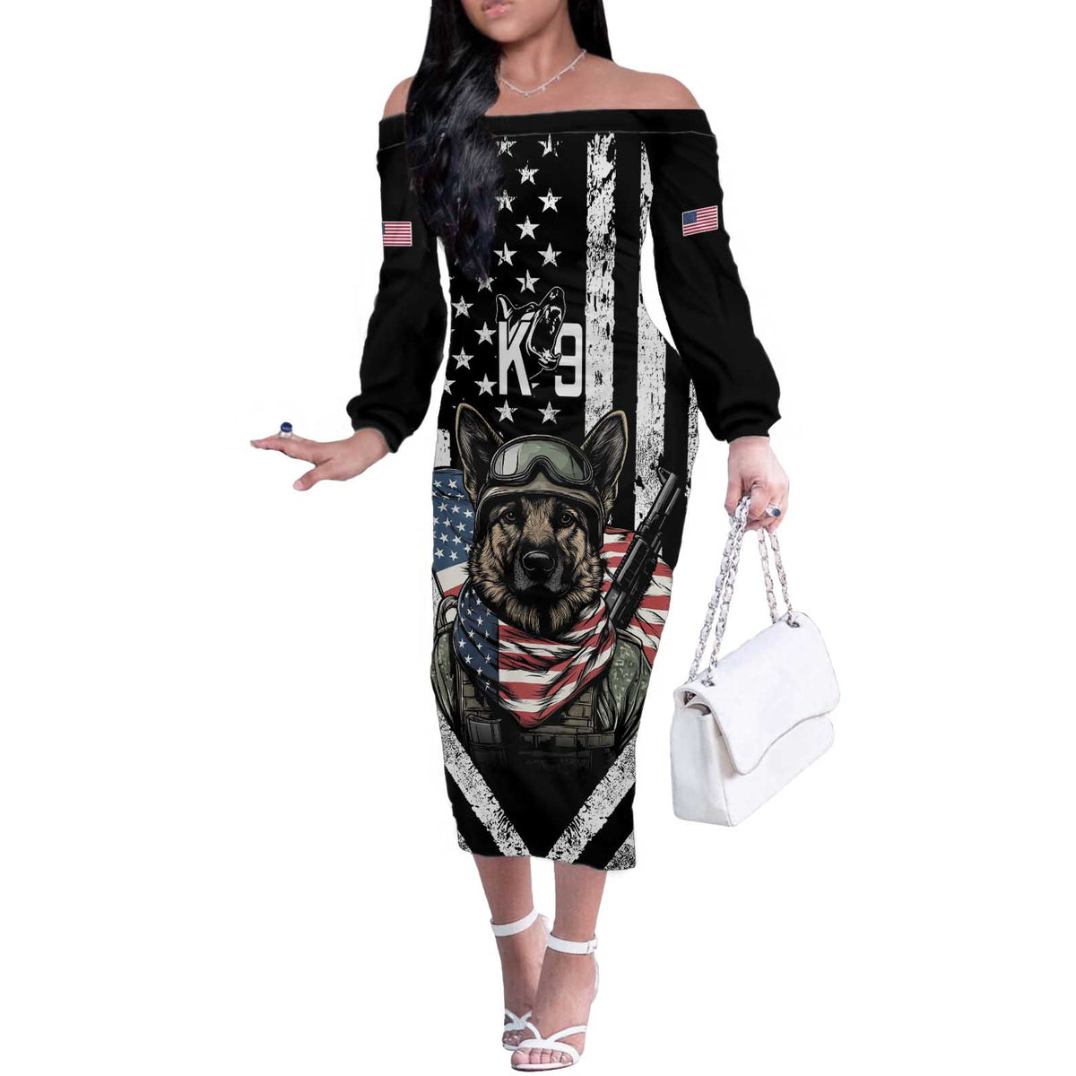USA National K9 Veterans Day Off The Shoulder Long Sleeve Dress Honoring Our Furring Heroes