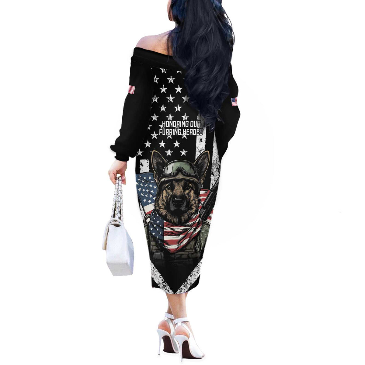 USA National K9 Veterans Day Off The Shoulder Long Sleeve Dress Honoring Our Furring Heroes