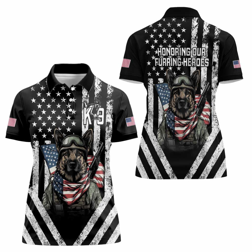 USA National K9 Veterans Day Women Polo Shirt Honoring Our Furring Heroes