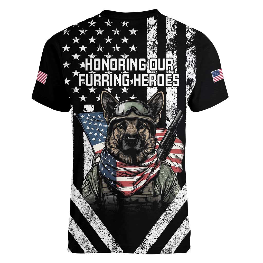 USA National K9 Veterans Day Women V-Neck T-Shirt Honoring Our Furring Heroes