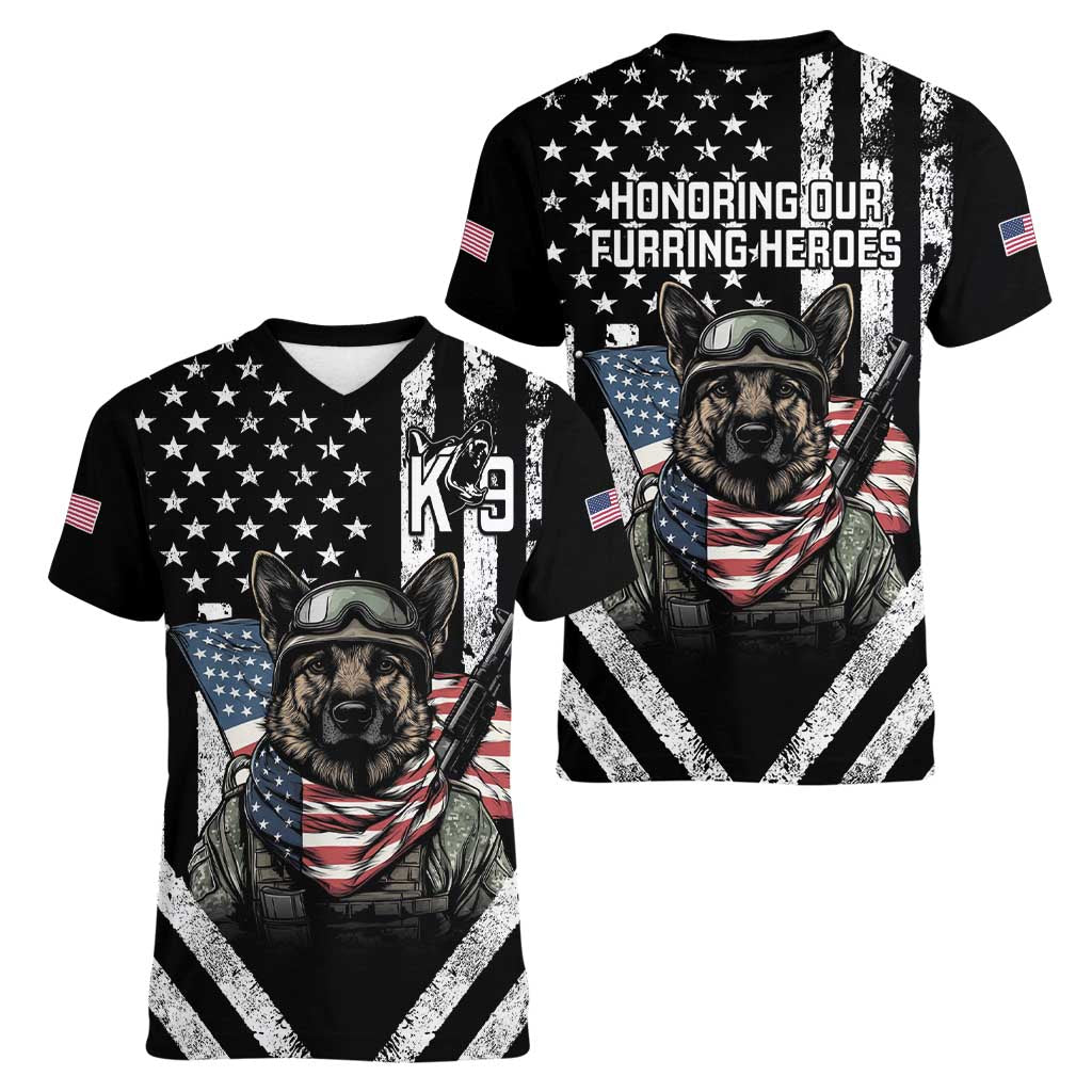 USA National K9 Veterans Day Women V-Neck T-Shirt Honoring Our Furring Heroes