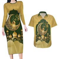 Eid al-Fitr Couples Matching Long Sleeve Bodycon Dress and Hawaiian Shirt Khair Mubarak Islamic Pattern