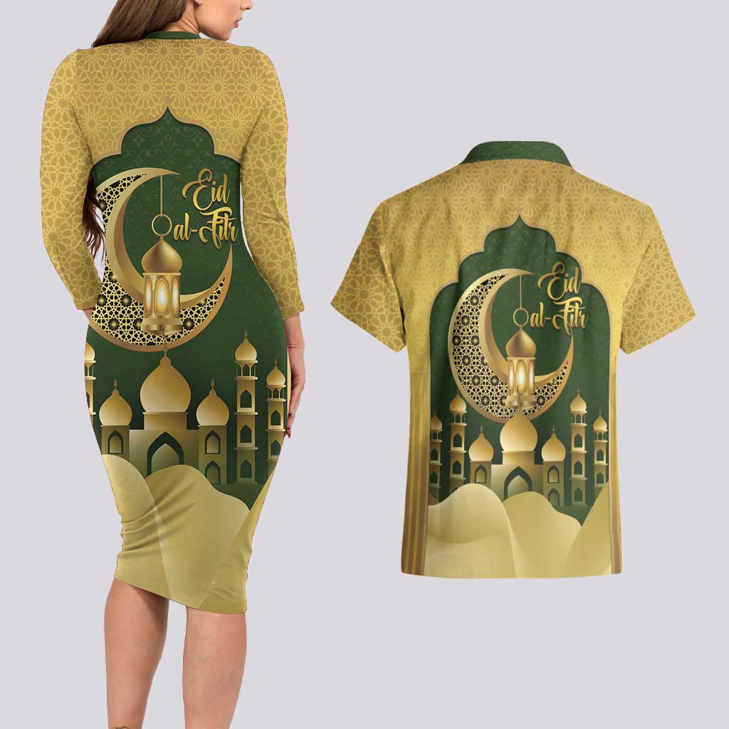 Eid al-Fitr Couples Matching Long Sleeve Bodycon Dress and Hawaiian Shirt Khair Mubarak Islamic Pattern